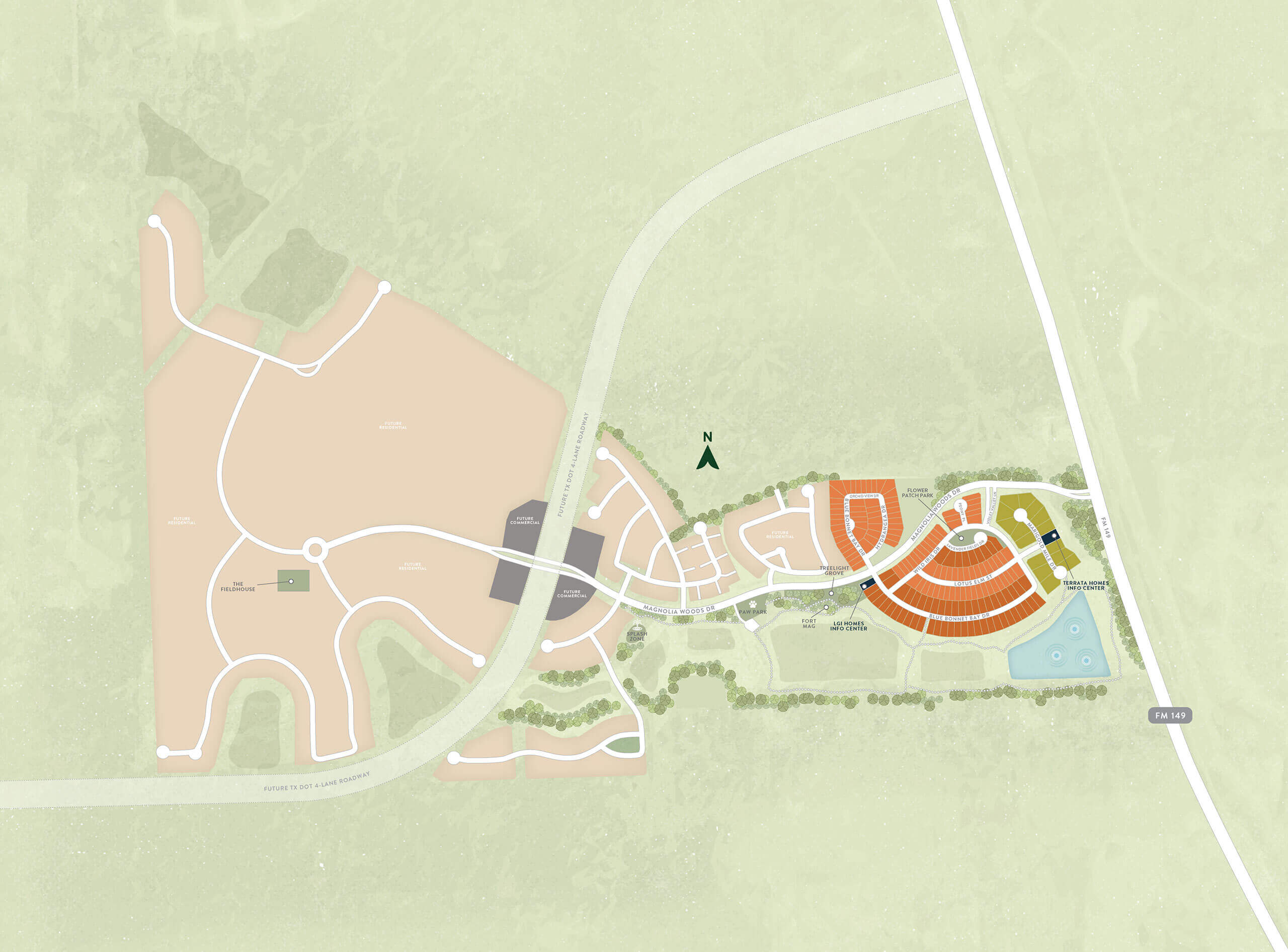 A site map showing various zones, curved roads, parking areas, green spaces, and a pond, with a main road running along the right side of the map.