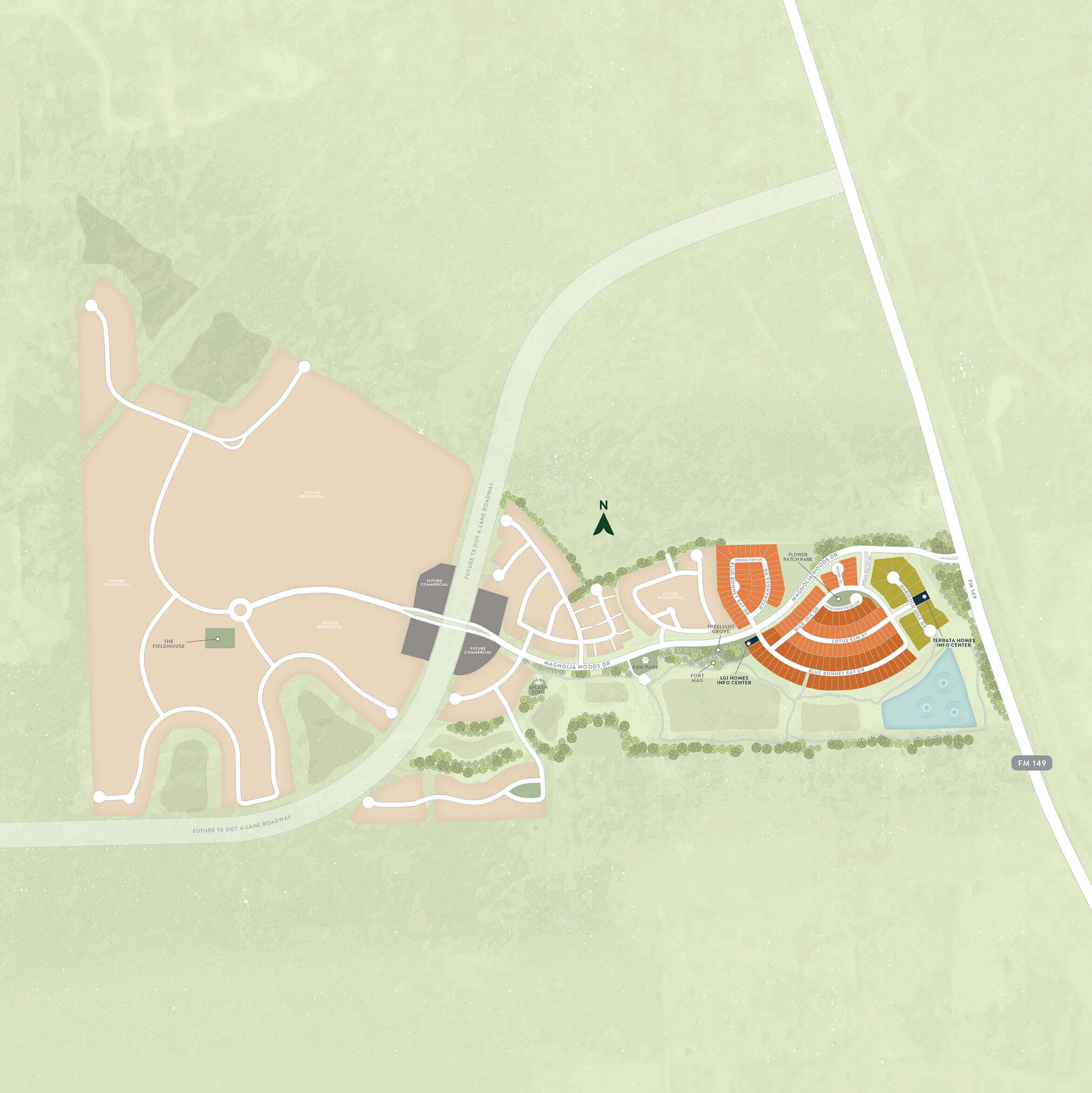 A site map showing two main zones with curved roads, parking areas, and labeled sections, adjacent to a highway on the right side of the image.