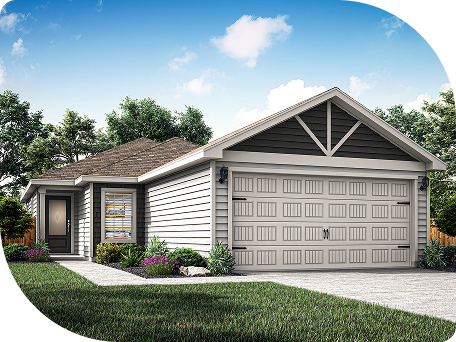 Single-story house with gray siding, a two-car garage, gable roof, manicured lawn, and shrubs in front under a blue sky with scattered clouds.