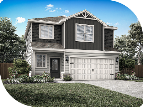 Two-story suburban house with dark gray siding, white trim, and a double garage, surrounded by grass, shrubs, and trees under a clear blue sky.