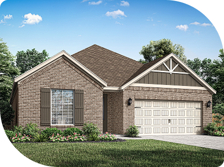 Single-story brick house with gabled roof, white garage door, front window with shutters, and landscaped front yard under a clear blue sky.