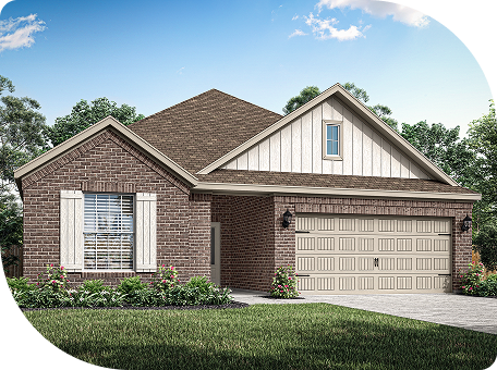 A single-story brick house with a gable roof, two-car garage, white shutters, and landscaped front yard under a blue sky.