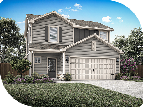 Two-story suburban house with gray siding, white trim, and a double garage door, surrounded by a manicured lawn and landscaped shrubs under a clear blue sky.