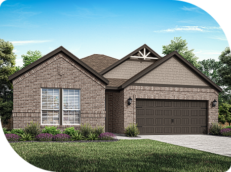 Single-story brick house with two-car garage, gabled roof, front lawn, and shrubs, set against a clear blue sky.