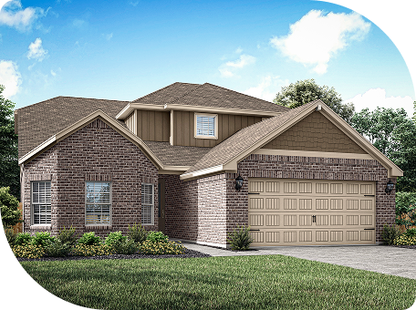 Two-story brick house with a double garage, gabled roof, shuttered windows, and landscaped front yard under a partly cloudy sky.