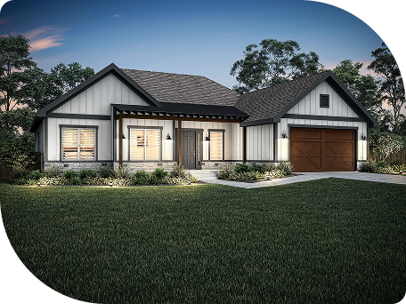A modern single-story house with gray siding, a dark roof, large windows, a wooden front door, and a two-car garage, set against a landscaped yard and trees at dusk.