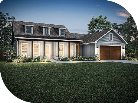 Single-story house with a front porch, gabled roof, attached garage with wooden door, and illuminated windows, surrounded by grass and landscaped shrubs at dusk.