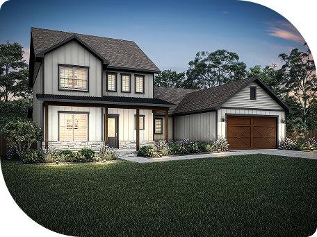 Two-story modern farmhouse with light siding, dark trim, front porch, attached two-car garage, and a well-kept lawn, photographed at dusk.