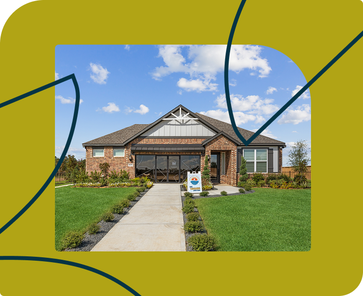 A single-story brick house with a manicured lawn, a concrete walkway, and a real estate sign in the front yard, set against a blue sky with scattered clouds.