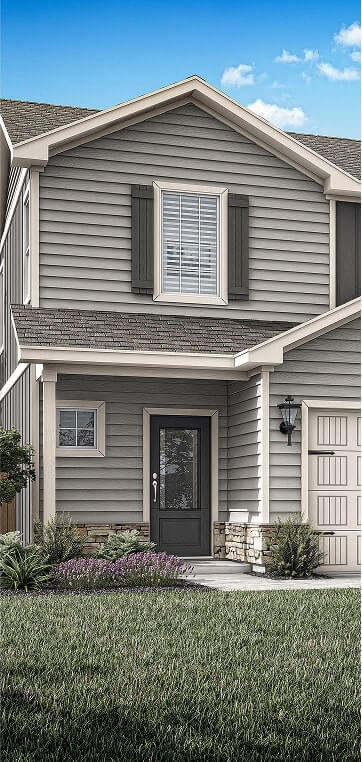Modern two-story house exterior with gray siding, white trim, a black front door, a small porch, and a neatly landscaped yard.